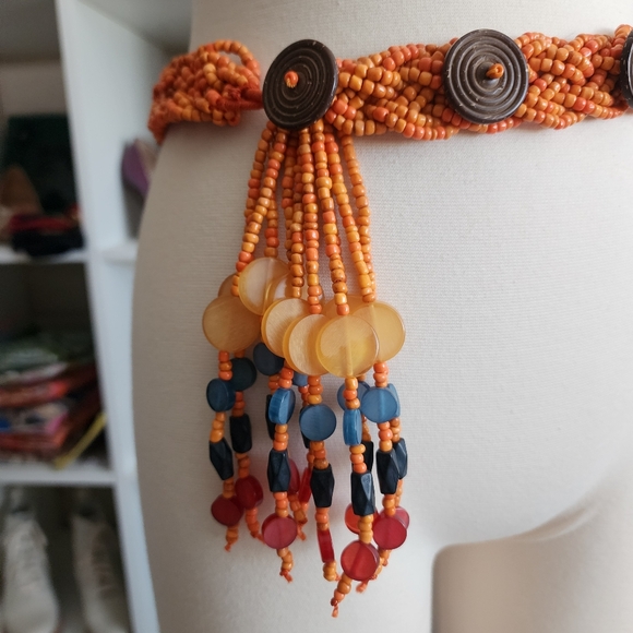 Boho Beaded Belt in Orange with Coconut Button Closures And Acrylic Bead Accents - Picture 9 of 9